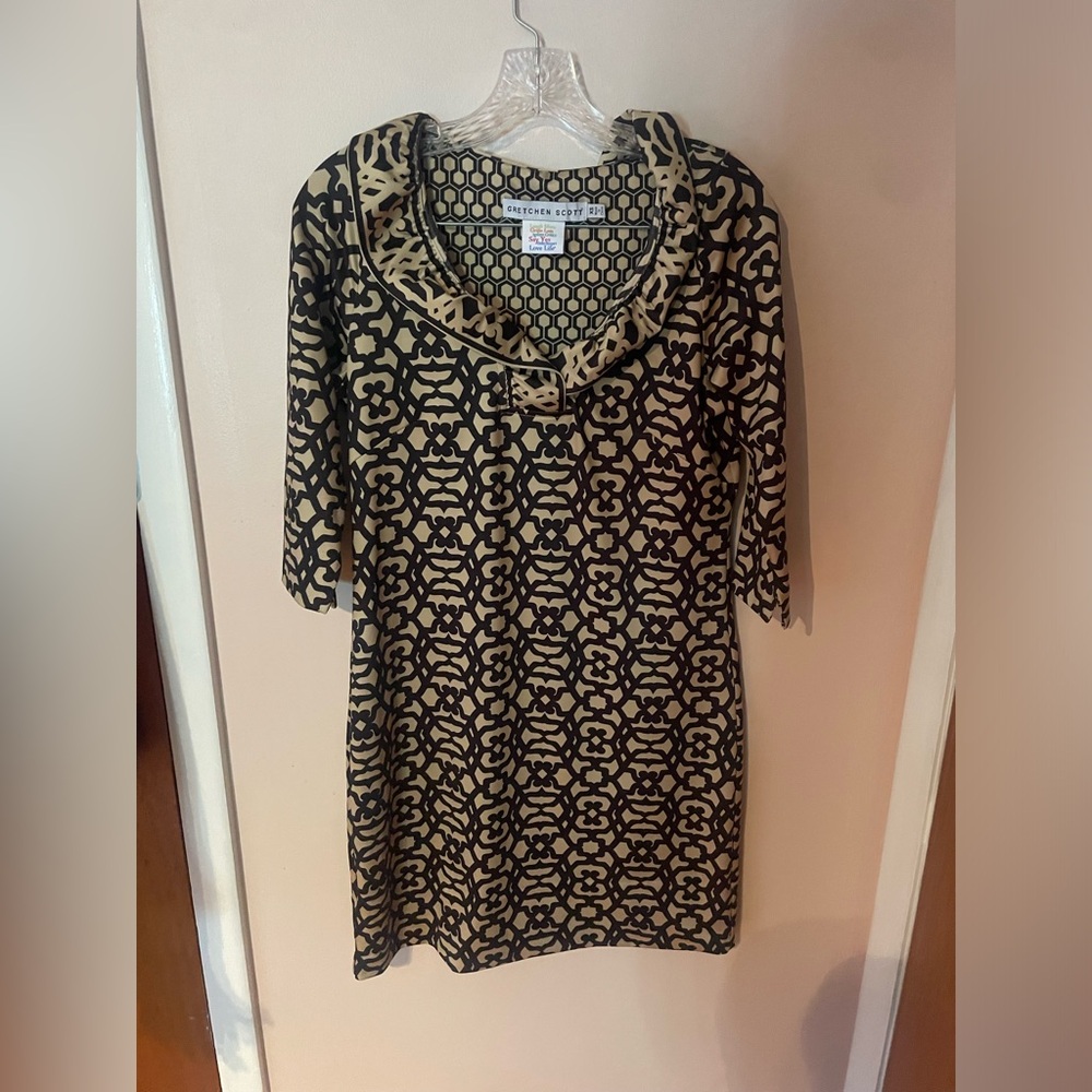 Gretchen Scott Dress Womens Extra Small Ruffle Neck Gold 3/4 Sleeve Stretch